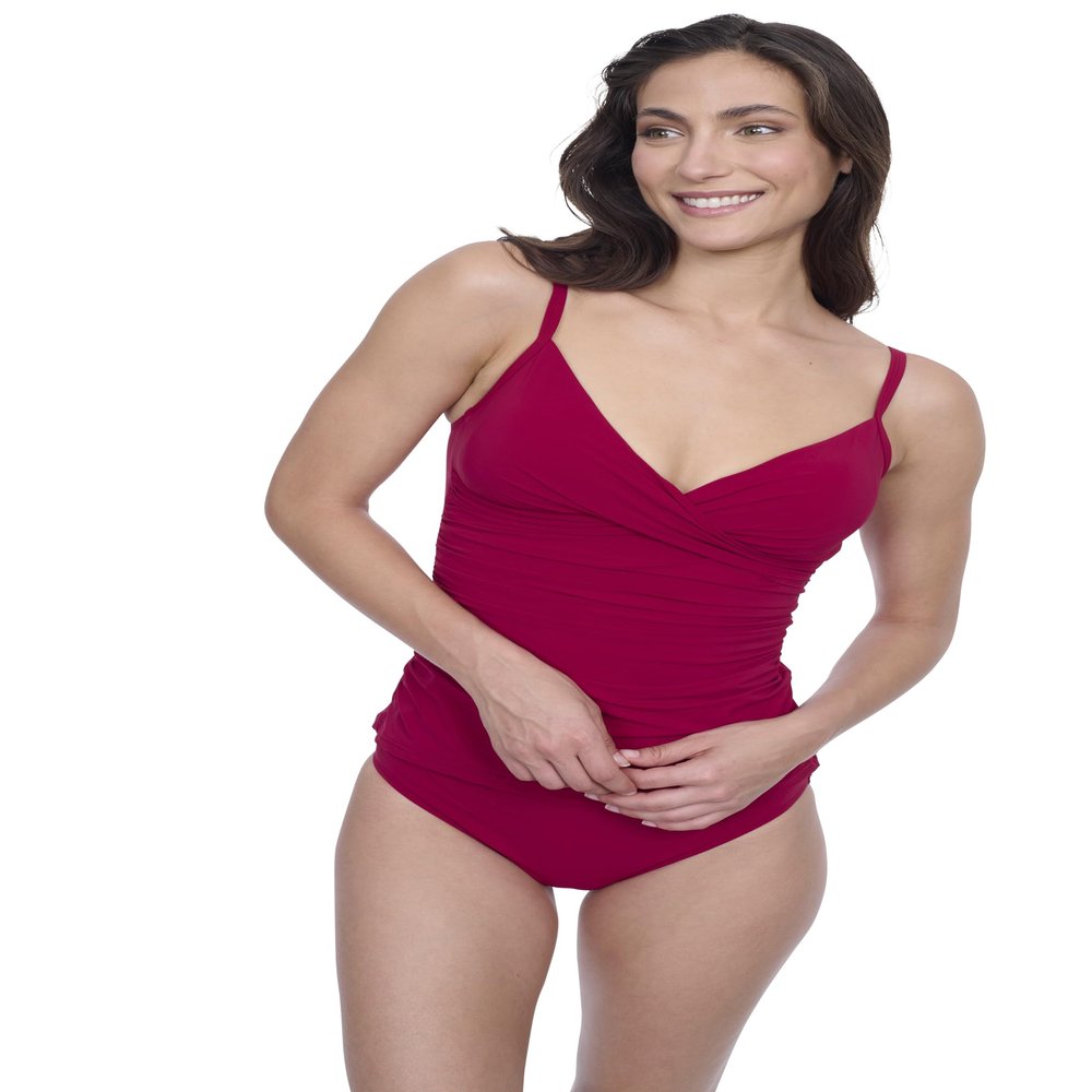 Profile by Gottex Solid Raspberry Red V-Neck Surplice Tankini Bathing Suit Top with Soft Cups and Adjustable Straps