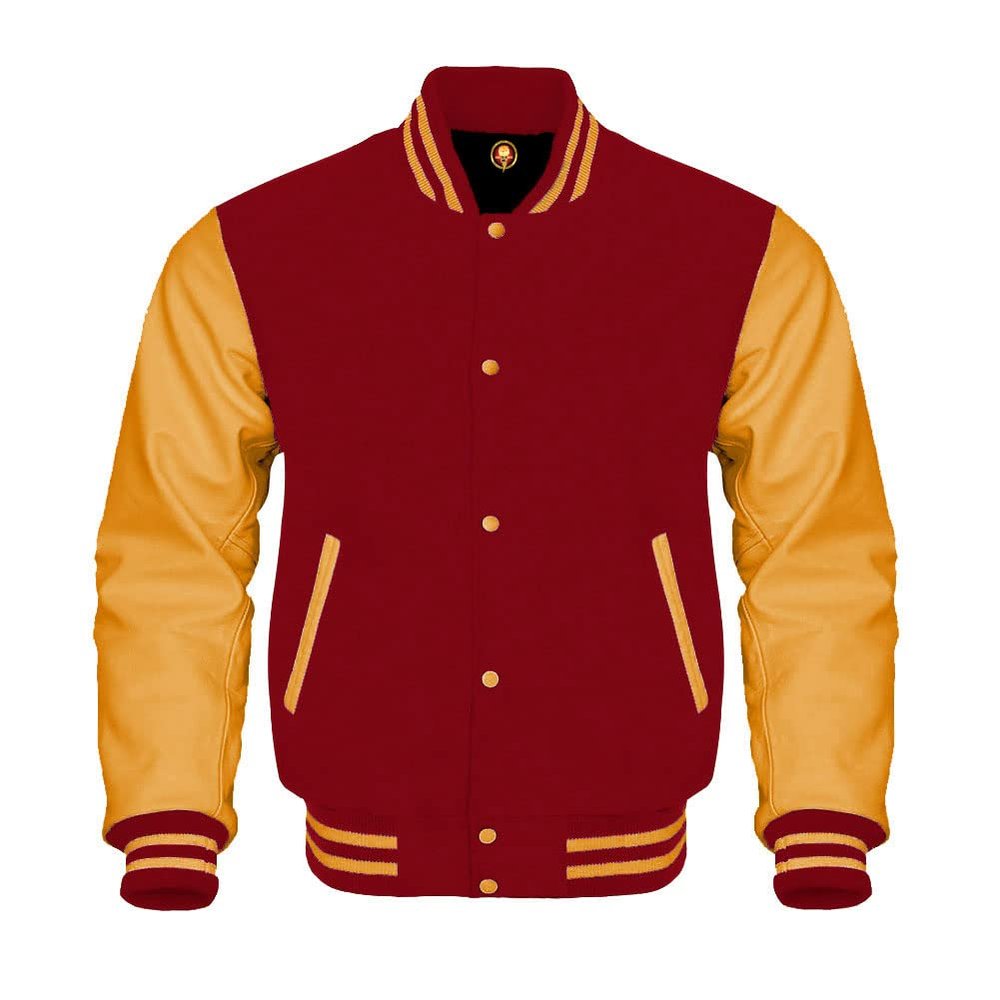 Cow Leather Sleeves Varsity Letterman Baseball Bomber Jackets (35 Colors Option) (US, Alpha, X-Small, Regular, Regular, Red Gold)