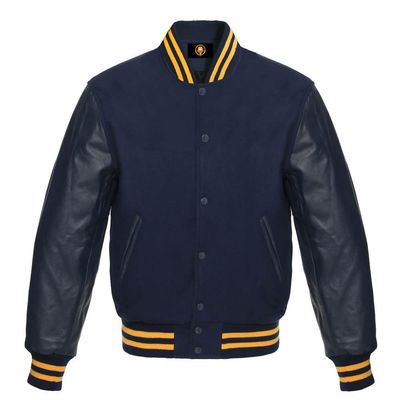 Cow Leather Sleeves Varsity Letterman Baseball Bomber Jackets (35 Colors Option) (US, Alpha, XX-Large, Regular, Regular, Solid Navy Gold Strip)