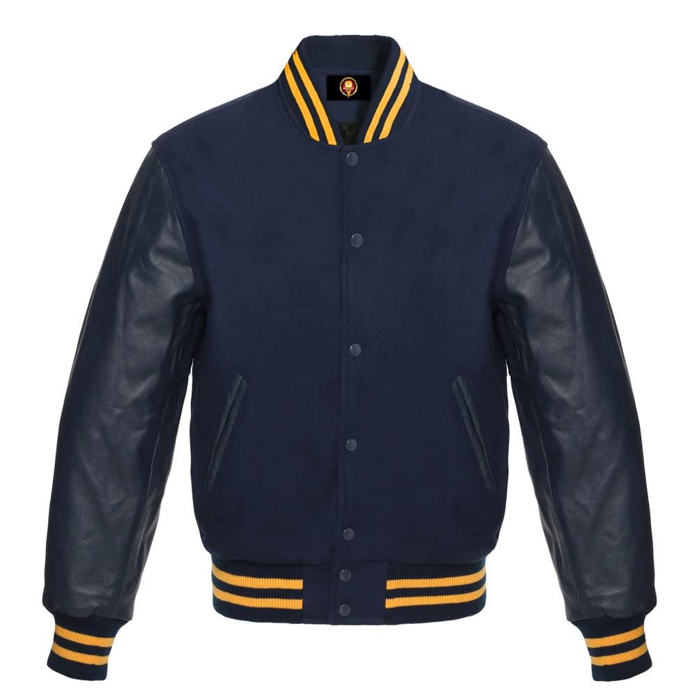 Cow Leather Sleeves Varsity Letterman Baseball Bomber Jackets (35 Colors Option) (US, Alpha, XX-Large, Regular, Regular, Solid Navy Gold Strip)