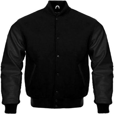 Cow Leather Sleeves Varsity Letterman Baseball Bomber Jackets (35 Colors Option) (US, Alpha, Medium, Regular, Regular, Solid Black)