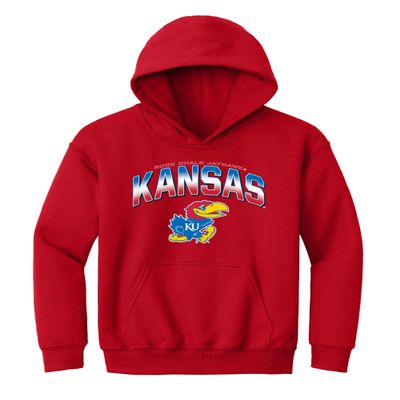 CornBorn Kids Kansas Hoodie Sweatshirt - Hooded Fleece Full Color Fade Kansas Logo - Red - Large