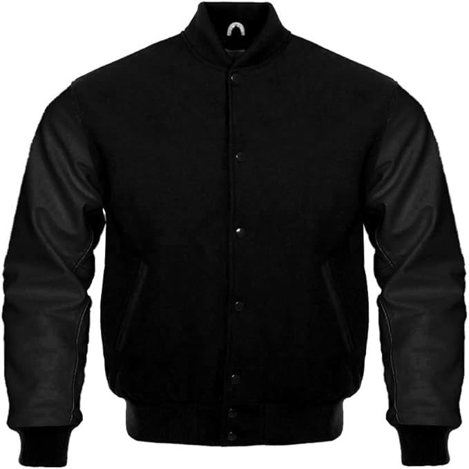 Cow Leather Sleeves Varsity Letterman Baseball Bomber Jackets (35 Colors Option) (US, Alpha, Small, Regular, Regular, Solid Black)