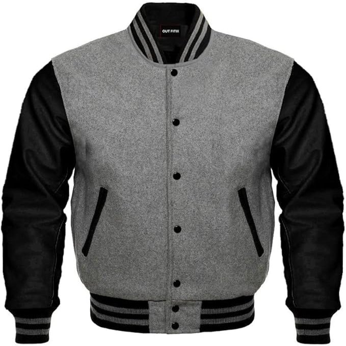 Cow Leather Sleeves Varsity Letterman Baseball Bomber Jackets (35 Colors Option) (US, Alpha, Small, Regular, Regular, Grey Black)