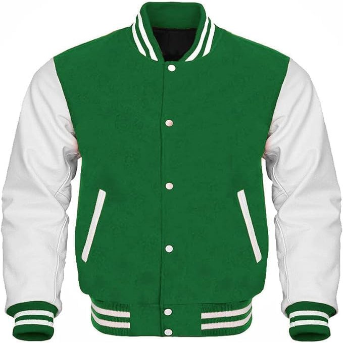 Cow Leather Sleeves Varsity Letterman Baseball Bomber Jackets (35 Colors Option) (US, Alpha, XX-Large, Regular, Regular, Green White)