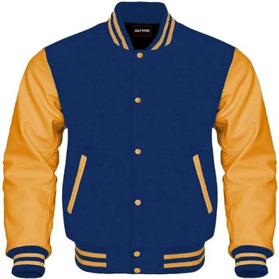 Cow Leather Sleeves Varsity Letterman Baseball Bomber Jackets (35 Colors Option) (US, Alpha, Medium, Regular, Regular, Royal Gold)