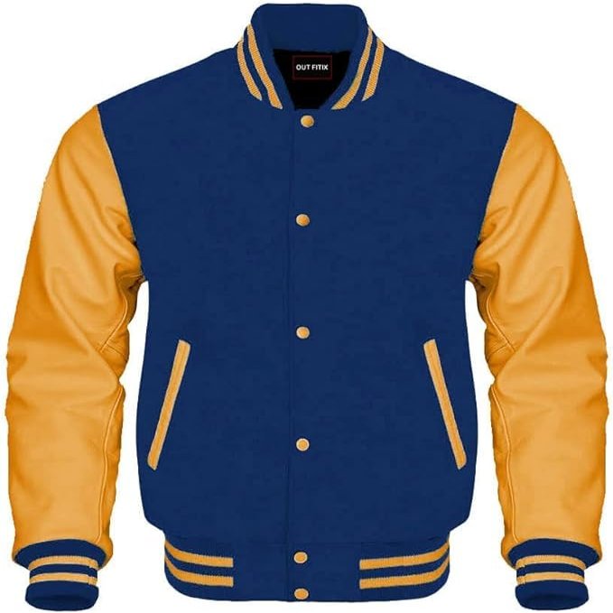 Cow Leather Sleeves Varsity Letterman Baseball Bomber Jackets (35 Colors Option) (US, Alpha, Medium, Regular, Regular, Royal Gold)