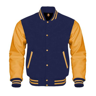 Cow Leather Sleeves Varsity Letterman Baseball Bomber Jackets (35 Colors Option) (US, Alpha, XX-Large, Regular, Regular, Navy Gold)