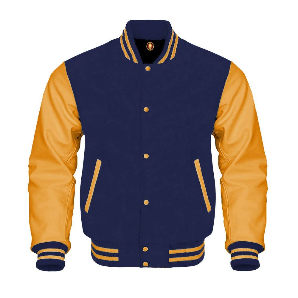 Cow Leather Sleeves Varsity Letterman Baseball Bomber Jackets (35 Colors Option) (US, Alpha, XX-Large, Regular, Regular, Navy Gold)
