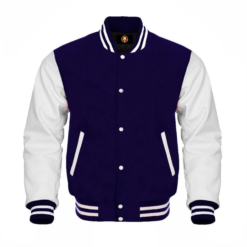 Cow Leather Sleeves Varsity Letterman Baseball Bomber Jackets (35 Colors Option) (US, Alpha, Medium, Regular, Regular, Navy White)