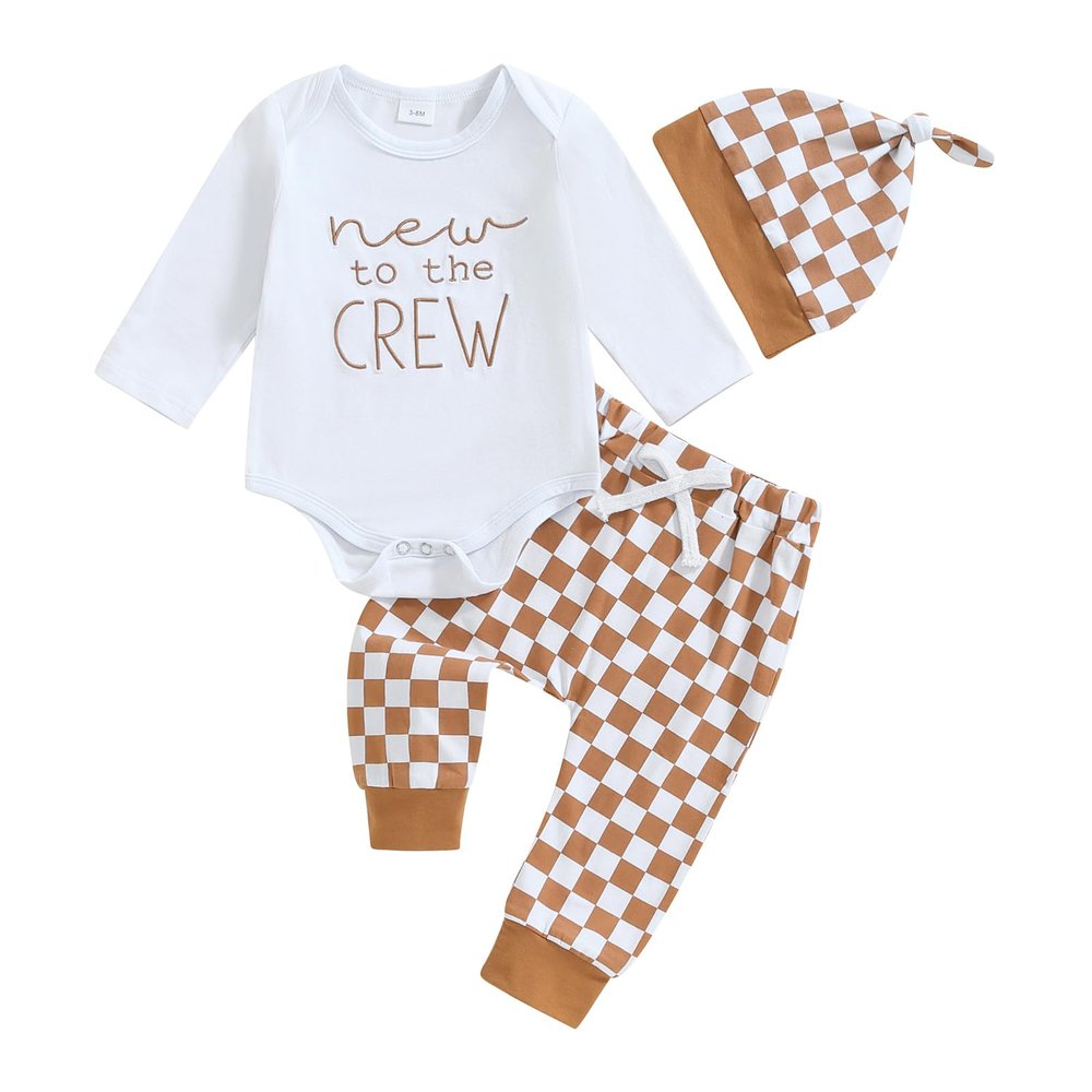 aporake Newborn Boy Outfit Baby Boy Fall Clothes Letter Print Romper Checkerboard Pants Color Block Clothing Sets (Khaki, 3-6 Months)