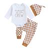 aporake Newborn Boy Outfit Baby Boy Fall Clothes Letter Print Romper Checkerboard Pants Color Block Clothing Sets (Khaki, 3-6 Months) view 1