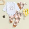 aporake Newborn Boy Outfit Baby Boy Fall Clothes Letter Print Romper Checkerboard Pants Color Block Clothing Sets (Khaki, 3-6 Months) view 2