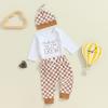 aporake Newborn Boy Outfit Baby Boy Fall Clothes Letter Print Romper Checkerboard Pants Color Block Clothing Sets (Khaki, 3-6 Months) view 3