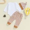 aporake Newborn Boy Outfit Baby Boy Fall Clothes Letter Print Romper Checkerboard Pants Color Block Clothing Sets (Khaki, 3-6 Months) view 4