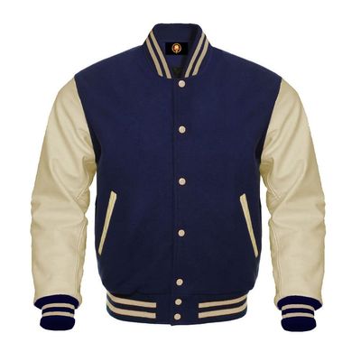 Cow Leather Sleeves Varsity Letterman Baseball Bomber Jackets (35 Colors Option) (US, Alpha, Large, Regular, Regular, Navy Creem)