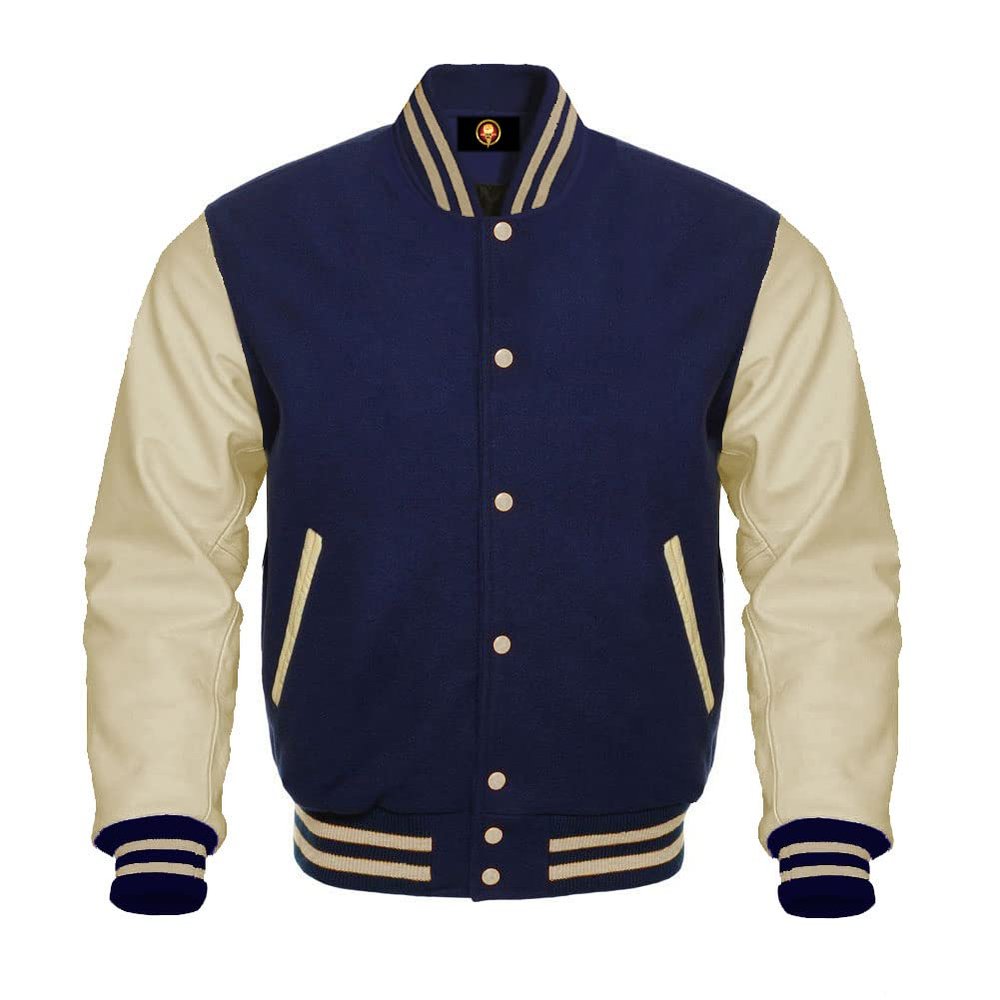 Cow Leather Sleeves Varsity Letterman Baseball Bomber Jackets (35 Colors Option) (US, Alpha, Large, Regular, Regular, Navy Creem)