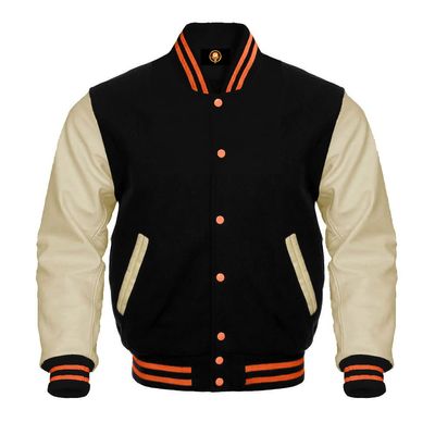 Cow Leather Sleeves Varsity Letterman Baseball Bomber Jackets (35 Colors Option) (US, Alpha, Large, Regular, Regular, Black Creem Orange Strip)