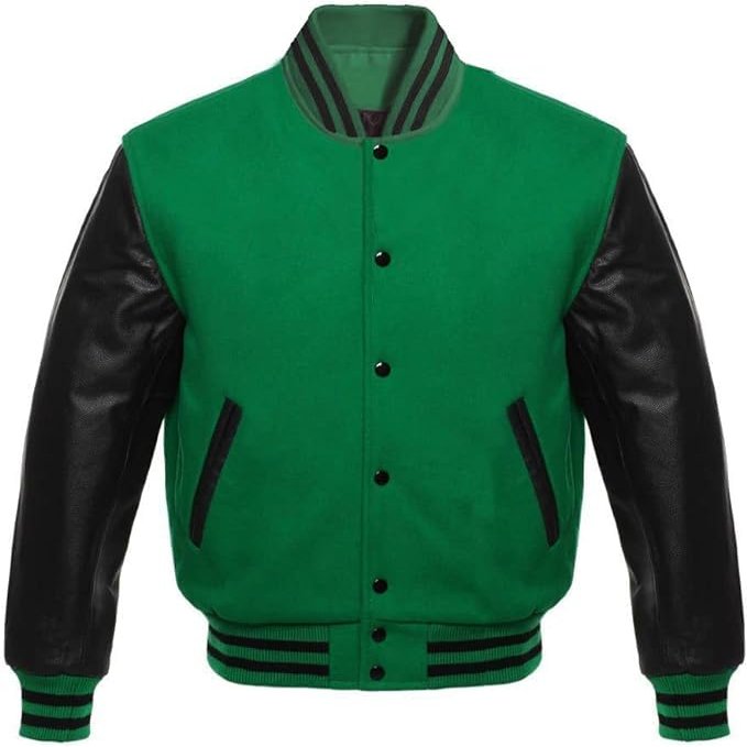 Cow Leather Sleeves Varsity Letterman Baseball Bomber Jackets (35 Colors Option) (US, Alpha, Medium, Regular, Regular, Green Black)