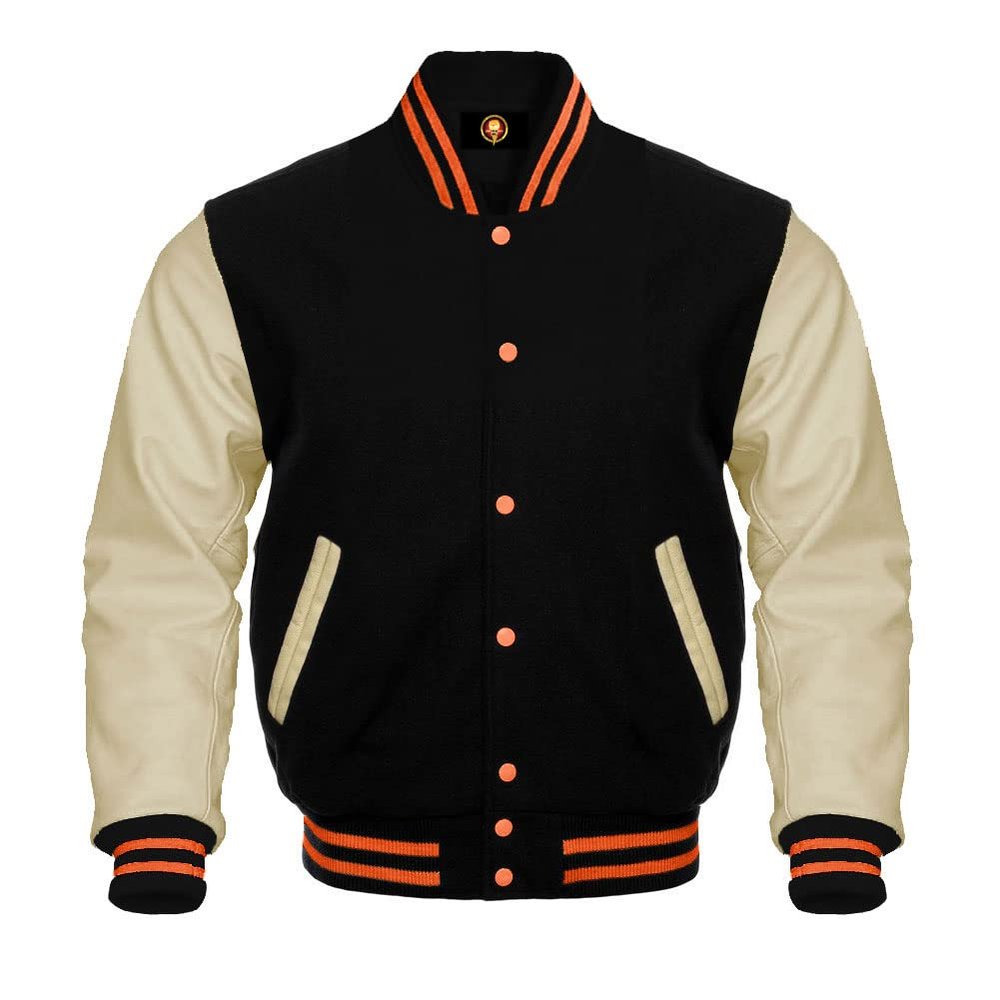Cow Leather Sleeves Varsity Letterman Baseball Bomber Jackets (35 Colors Option) (US, Alpha, Small, Regular, Regular, Black Creem Orange Strip)