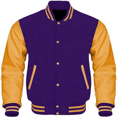 Cow Leather Sleeves Varsity Letterman Baseball Bomber Jackets (35 Colors Option) (US, Alpha, Small, Regular, Regular, Purple Gold)
