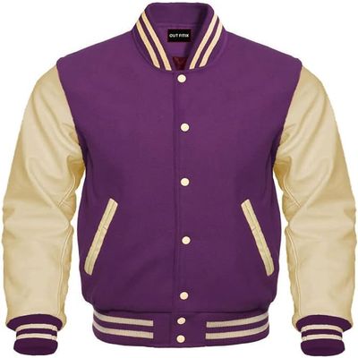 Cow Leather Sleeves Varsity Letterman Baseball Bomber Jackets (35 Colors Option) (US, Alpha, Small, Regular, Regular, Purple Creem)