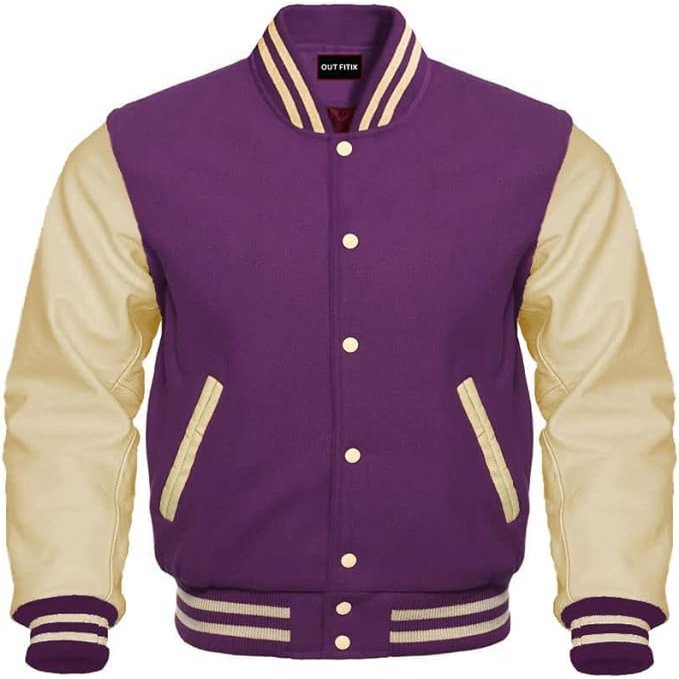 Cow Leather Sleeves Varsity Letterman Baseball Bomber Jackets (35 Colors Option) (US, Alpha, Small, Regular, Regular, Purple Creem)