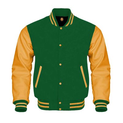 Cow Leather Sleeves Varsity Letterman Baseball Bomber Jackets (35 Colors Option) (US, Alpha, X-Small, Regular, Regular, Green Gold)