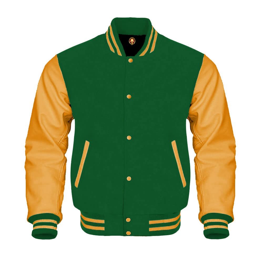 Cow Leather Sleeves Varsity Letterman Baseball Bomber Jackets (35 Colors Option) (US, Alpha, X-Small, Regular, Regular, Green Gold)
