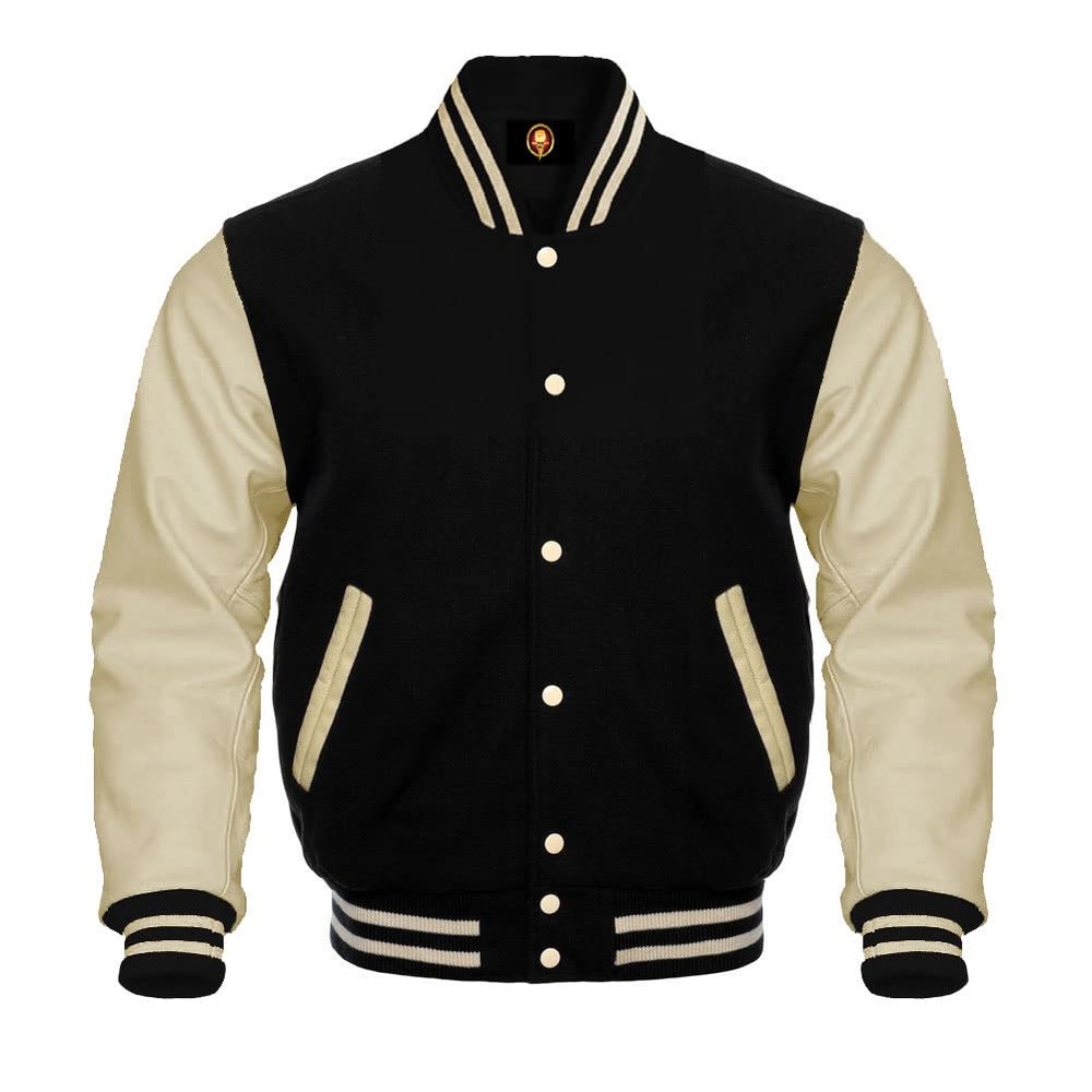 Cow Leather Sleeves Varsity Letterman Baseball Bomber Jackets (35 Colors Option) (US, Alpha, X-Small, Regular, Regular, Black Creem)