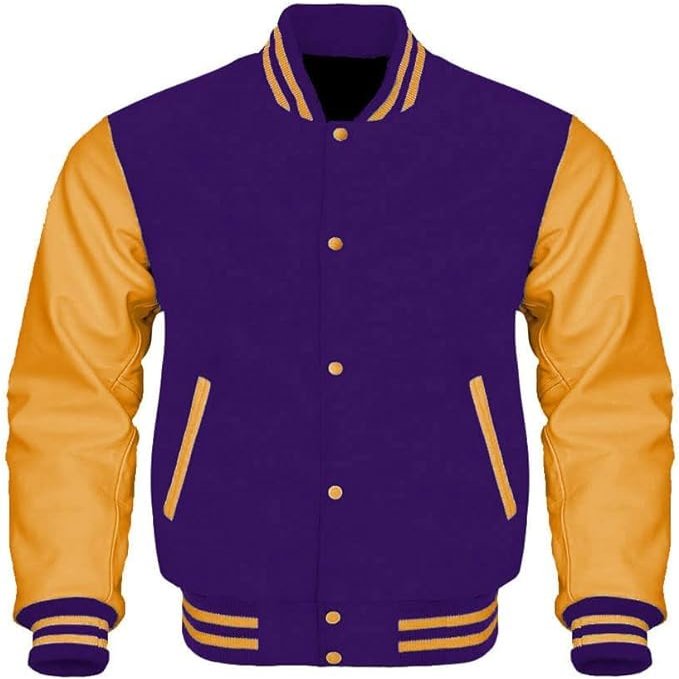 Cow Leather Sleeves Varsity Letterman Baseball Bomber Jackets (35 Colors Option) (US, Alpha, X-Small, Regular, Regular, Purple Gold)