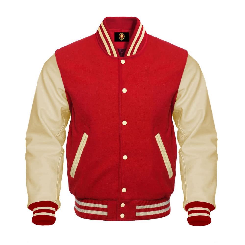 Cow Leather Sleeves Varsity Letterman Baseball Bomber Jackets (35 Colors Option) (US, Alpha, X-Large, Regular, Regular, Red Creem)