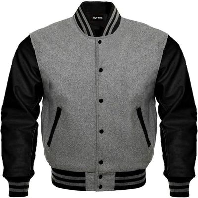 Cow Leather Sleeves Varsity Letterman Baseball Bomber Jackets (35 Colors Option) (US, Alpha, XX-Large, Regular, Regular, Grey Black)