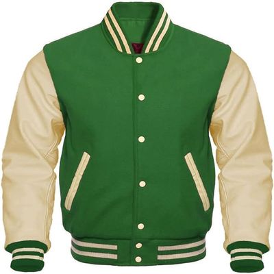 Cow Leather Sleeves Varsity Letterman Baseball Bomber Jackets (35 Colors Option) (US, Alpha, XX-Large, Regular, Regular, Green Creem)