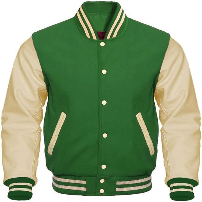 Cow Leather Sleeves Varsity Letterman Baseball Bomber Jackets (35 Colors Option) (US, Alpha, XX-Large, Regular, Regular, Green Creem)