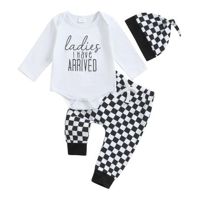 aporake Newborn Boy Outfit Baby Boy Fall Clothes Letter Print Romper Checkerboard Pants Color Block Clothing Sets (Black, 3-6 Months)