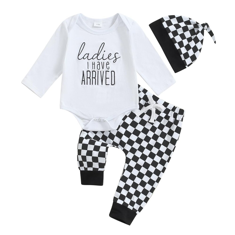 aporake Newborn Boy Outfit Baby Boy Fall Clothes Letter Print Romper Checkerboard Pants Color Block Clothing Sets (Black, 3-6 Months)