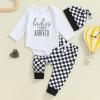 aporake Newborn Boy Outfit Baby Boy Fall Clothes Letter Print Romper Checkerboard Pants Color Block Clothing Sets (Black, 3-6 Months) view 2