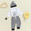 aporake Newborn Boy Outfit Baby Boy Fall Clothes Letter Print Romper Checkerboard Pants Color Block Clothing Sets (Black, 3-6 Months) view 3