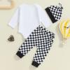 aporake Newborn Boy Outfit Baby Boy Fall Clothes Letter Print Romper Checkerboard Pants Color Block Clothing Sets (Black, 3-6 Months) view 4