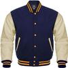 Cow Leather Sleeves Varsity Letterman Baseball Bomber Jackets (35 Colors Option) (US, Alpha, Medium, Regular, Regular, Navy Creem Gold Strip)