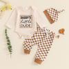 aporake Newborn Boy Outfit Baby Boy Fall Clothes Letter Print Romper Checkerboard Pants Color Block Clothing Sets (Beige, 3-6 Months) view 2