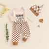 aporake Newborn Boy Outfit Baby Boy Fall Clothes Letter Print Romper Checkerboard Pants Color Block Clothing Sets (Beige, 3-6 Months) view 3