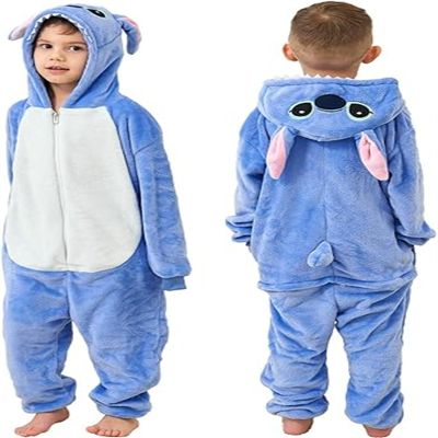 Kafferin Unisex Stitch Pajamas Flannel One Piece Casual Loose Hoodie Cosplay Jumpsuits Animal Blue, 8-10 Years