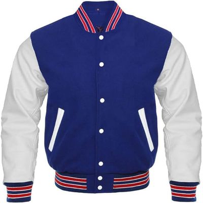 Cow Leather Sleeves Varsity Letterman Baseball Bomber Jackets (35 Colors Option) (US, Alpha, X-Small, Regular, Regular, Royal White Red Strip)
