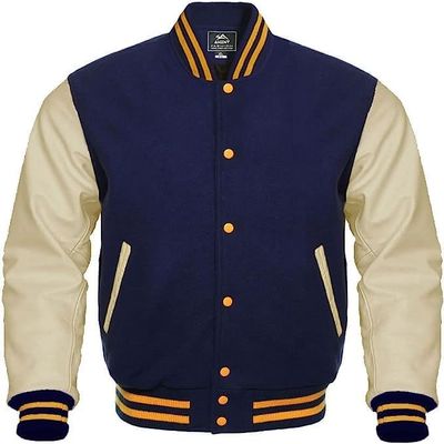 Cow Leather Sleeves Varsity Letterman Baseball Bomber Jackets (35 Colors Option) (US, Alpha, Large, Regular, Regular, Navy Creem Gold Strip)