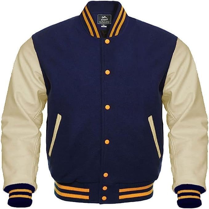 Cow Leather Sleeves Varsity Letterman Baseball Bomber Jackets (35 Colors Option) (US, Alpha, Large, Regular, Regular, Navy Creem Gold Strip)