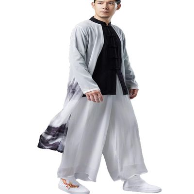 CORETIC Chinese Style Men's Trench Coat Long Tang Suit Kung Fu Cotton Linen Robe Fake Two Piece Jackets (Black-printed, Medium)