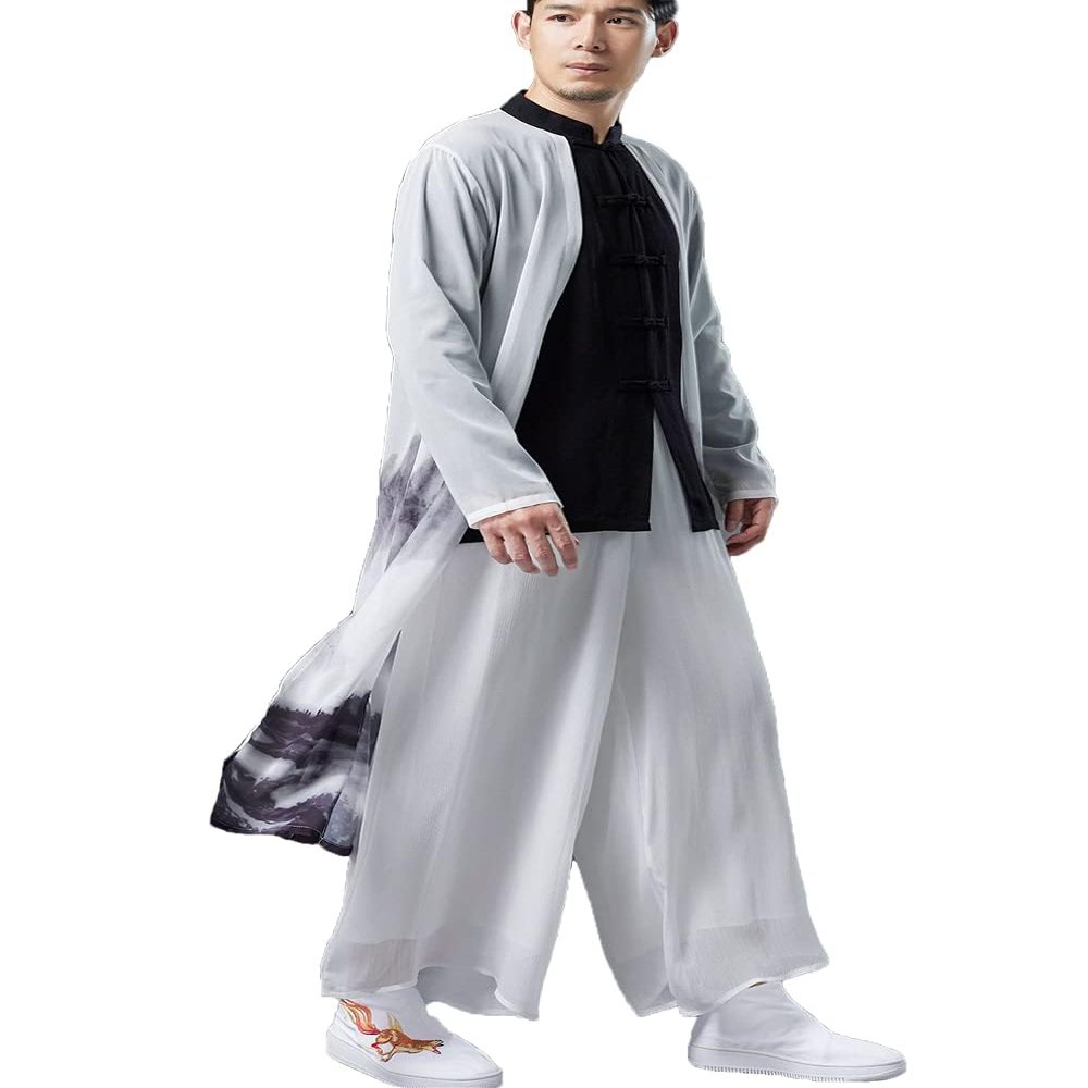 CORETIC Chinese Style Men's Trench Coat Long Tang Suit Kung Fu Cotton Linen Robe Fake Two Piece Jackets (Black-printed, Medium)
