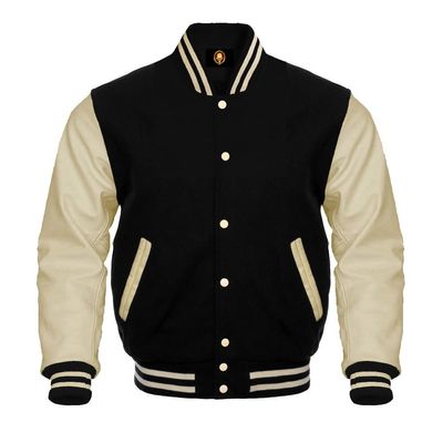 Cow Leather Sleeves Varsity Letterman Baseball Bomber Jackets (35 Colors Option) (US, Alpha, XX-Large, Regular, Regular, Black Creem)